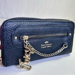Juicy Couture Black Pebbled Zip-Around Wallet, Gold-Tone Chain, "Juicy" Charm.